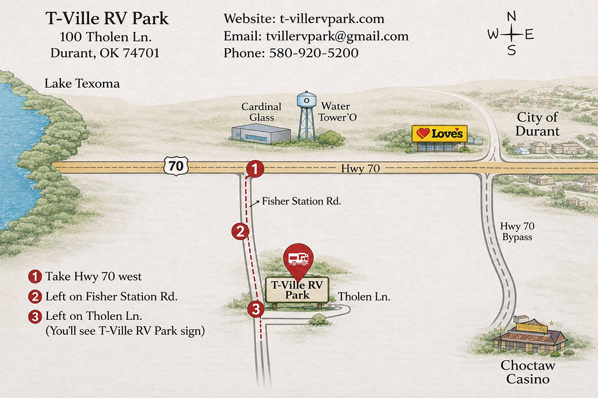 Map of the location of T-Ville RV Park in relation to local points of interest such as Lake Texoma and Choctaw Casino